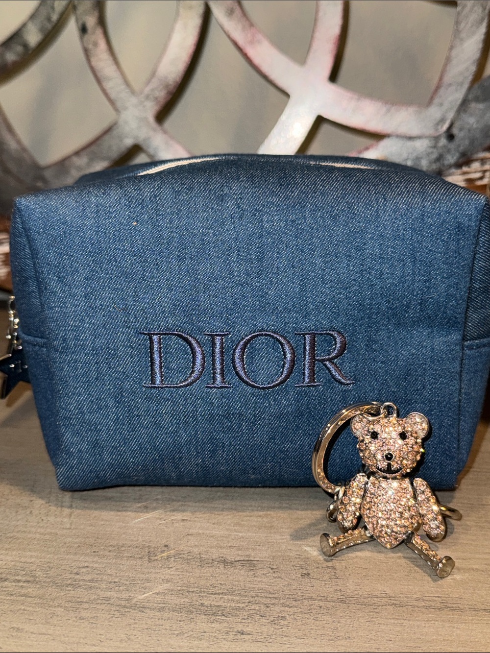 Dior Denim Blue Embroidered Cosmetic Pouch and Crystal Bear Keychain